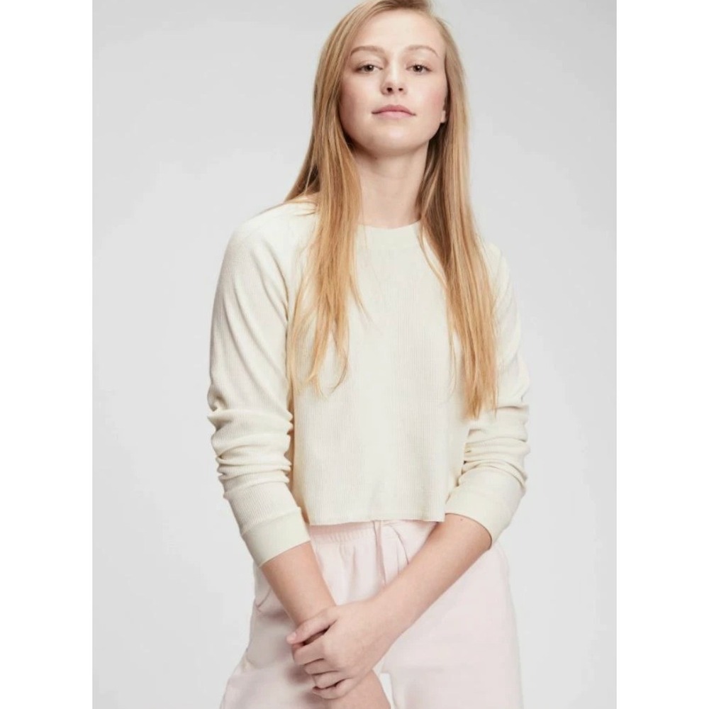 Gap Teen Waffle Knit Cropped Long Sleeve Top Beige Size M‎ Planet Friendly